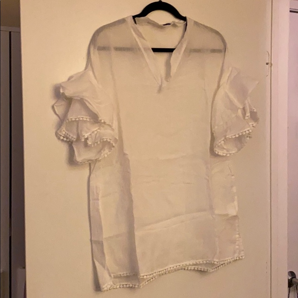 Zara Woman white wide-ruffled sleeve blouse